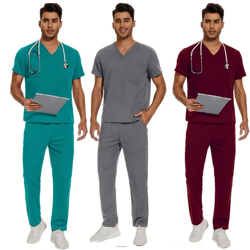 Homens e Mulheres Uniformes de Manga Curta, Sobretudos Médico, Conjunto Dentista, Tops Médicos, Calças, Enfermeira Work Wear, Lab Pharmacy Vestido