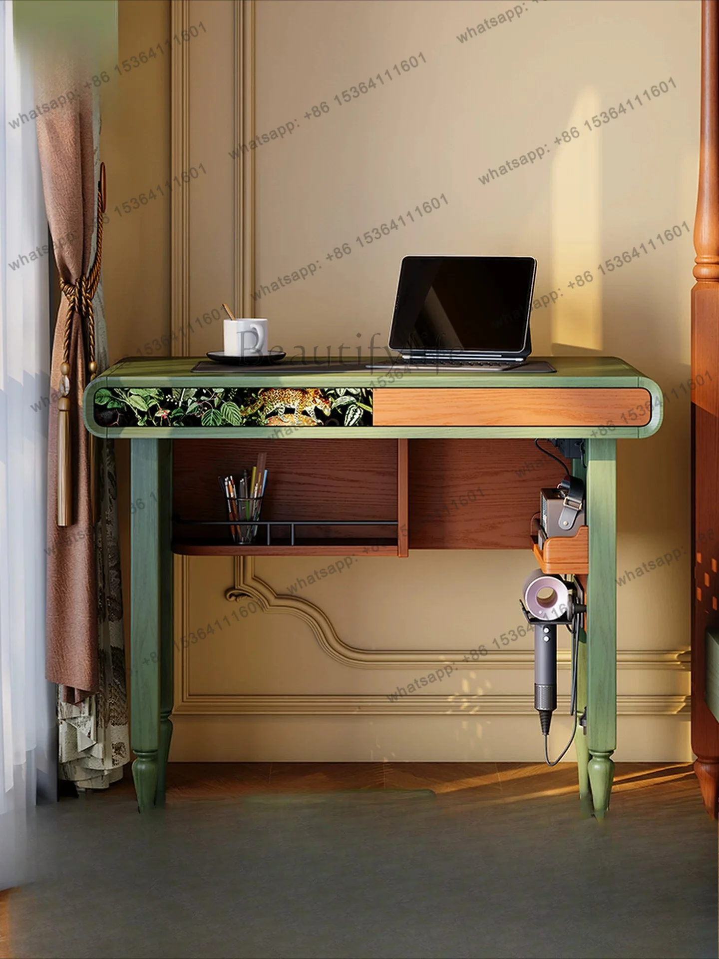 French retro solid wood desk computer desk integrated study table ash wood multi-functional medium and ancient style hole board