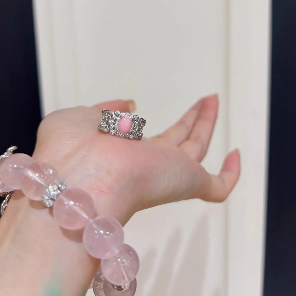 Light luxury exquisite silver 925 surround zircon hollow lace rings for women design delicate pink oval ring wedding jewelry