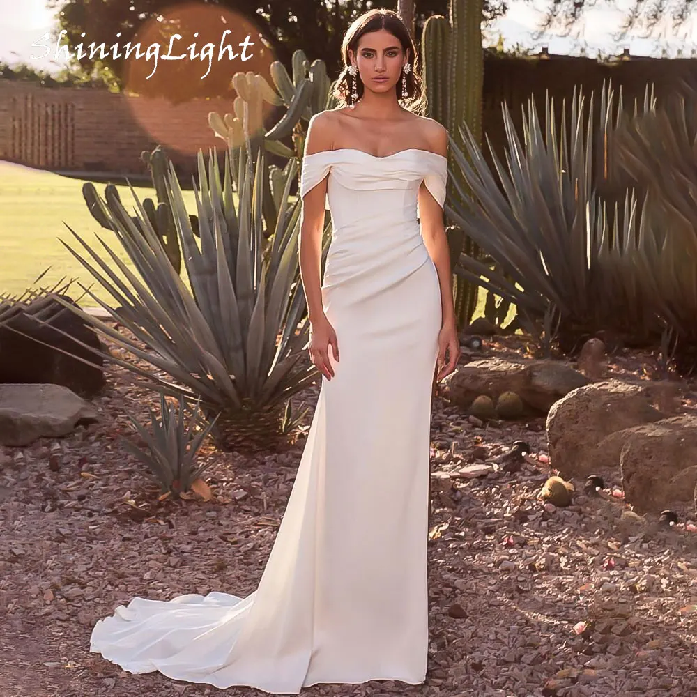 

ShiningLight Elegant Satin Mermaid Wedding Dress with Slit Off Shoulder Pleats Minimalist Bridal Wedding Dress Customized
