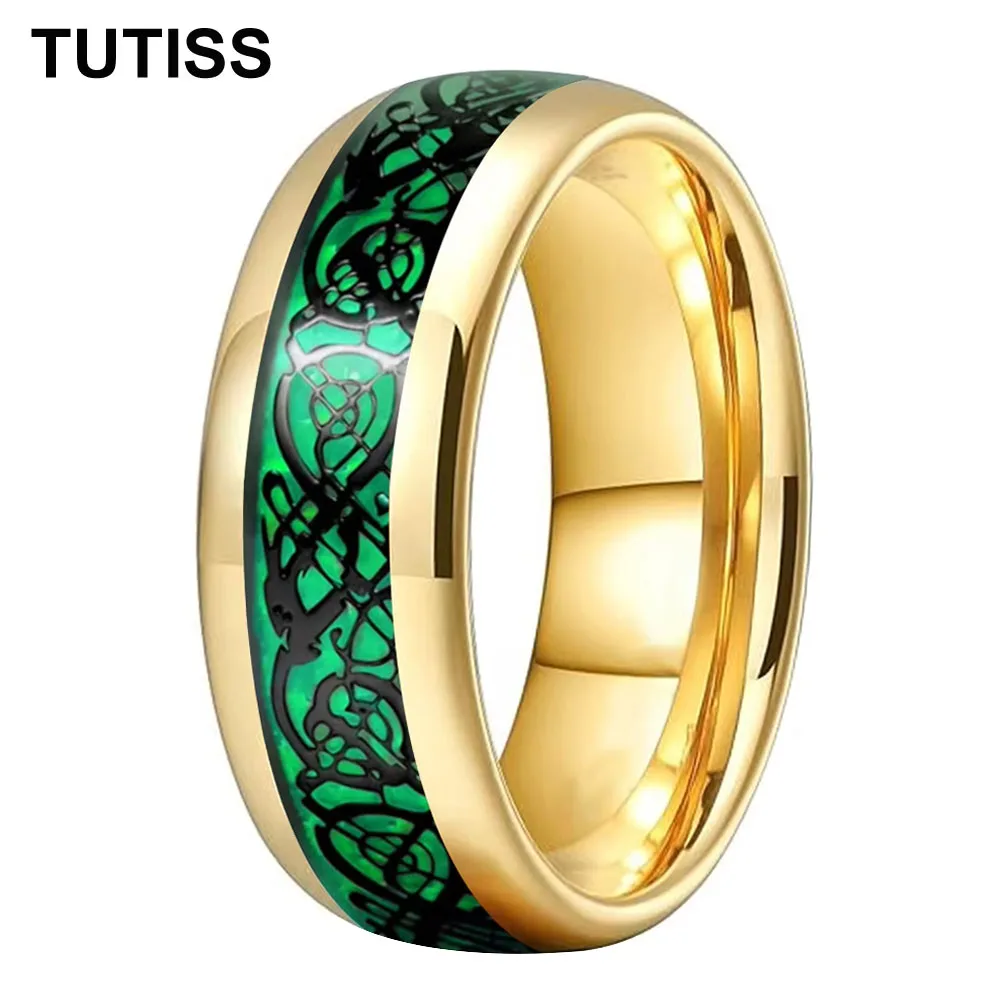 TUTISS 6/8mm Dome Polishing Green Carbon Fiber Black Dragon Inlay Tungsten Ring Men Women Engagement Wedding Band Comfort Fit