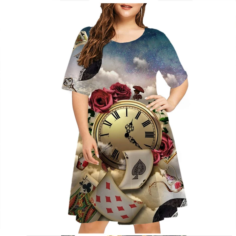 2023 Summer Vintage Clock Print Dress Women Funny Cat Short Sleeve Loose Dress Casual O-Neck Ladies Plus Size Dress 6XL Clothing