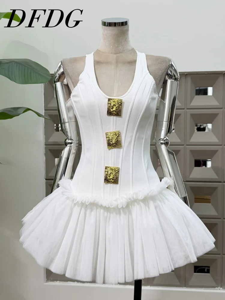 

DFDG Women's Spring Summer Metal Accent Halter Pleated Mini Dress Formal Cocktail Party Wear 2026 Trendy Feminine Fashion Dress