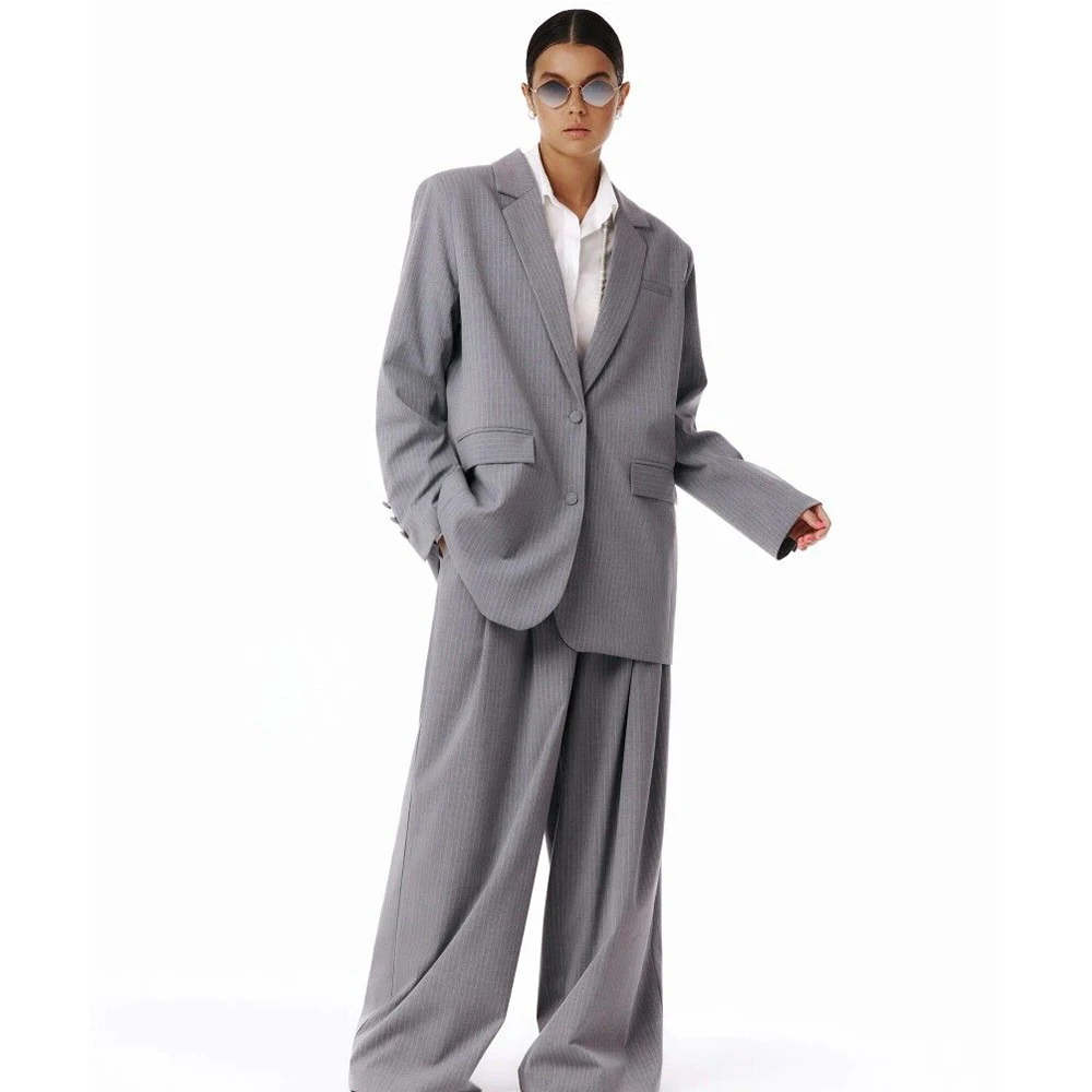 Oversized Style Light Gray Pinstripes Blazer&Wide-Leg Pants Women‘s 2 Piece Set Single-Breasted Notch Lapel Office Casual Femal