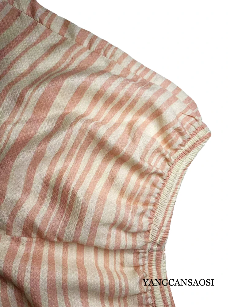 2025 Women's Summer New 50% Natural Mulberry Silk 50% Cotton Jacquard Classic Stripe Printed Elastic Waist Casual Shorts