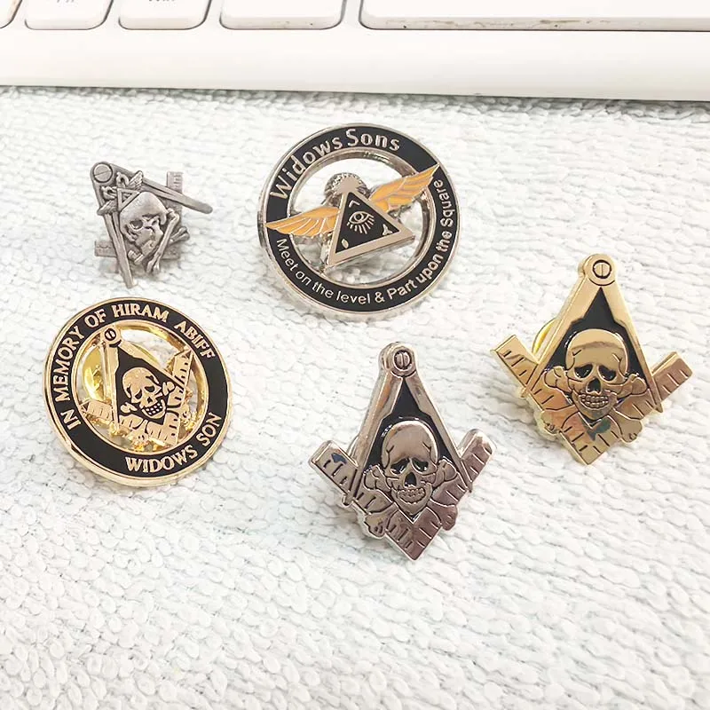 Widows Sons Skull Lapel Pins Brooch Motorcycle Club Masonic Freemasons Metal Badge Meet on The Level Part Upon The Square