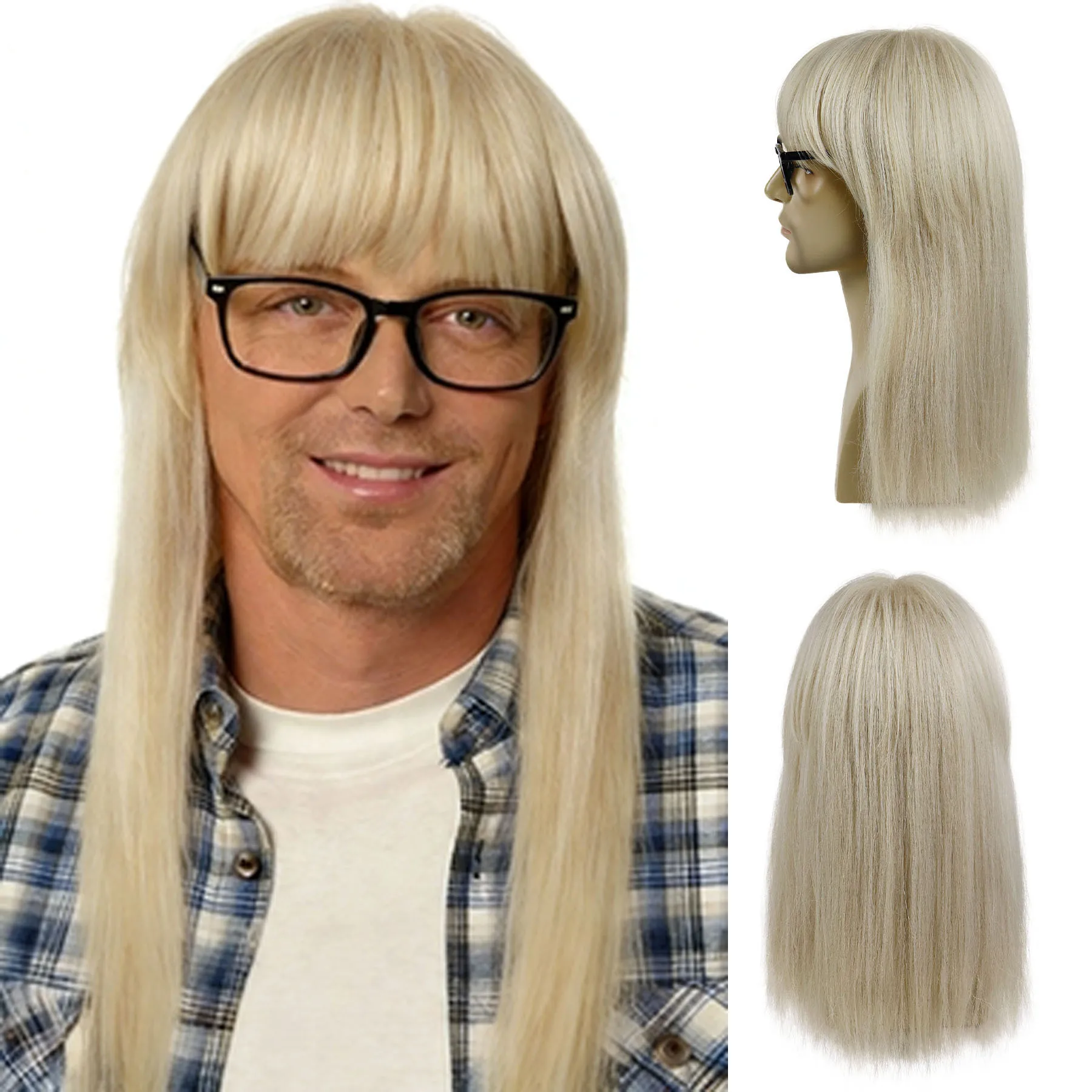 Synthetic Men's 80s Wig 19 Inch Long Straight Hair Blonde Mullet Wigs Fashion Halloween Costume Wig and Glasses Fancy Party Use