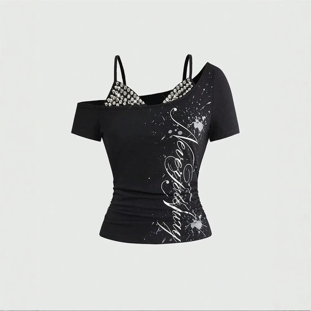 Women Cold Shoulder Short Sleeve Top Studded Halter Cami Layered Tee Gothic Splash Ink Letter Print Slim Y2K Punk Casual T Shirt