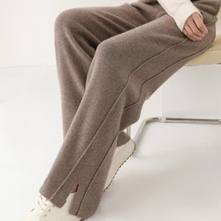 Women's Wide Leg Pants with Split 100% Wool Knit Soft Warm Autumn Winter Trousers Solid Color Female Comfort Fit YP01