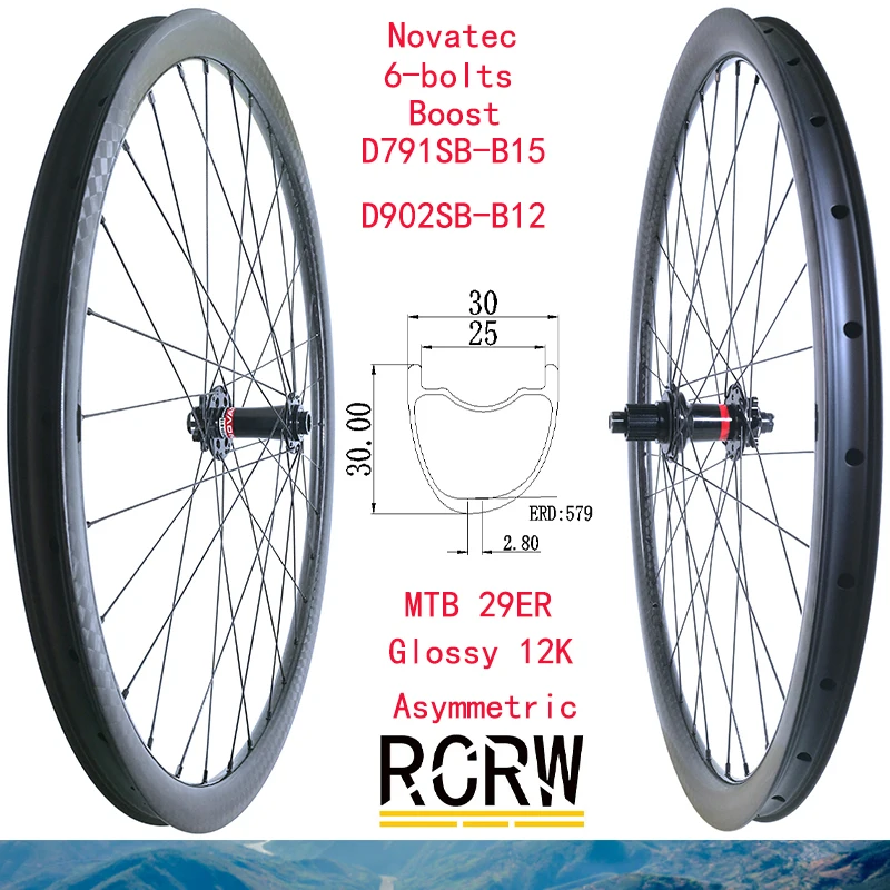 29er MTB XC 30X30mm Carbon Wheelset  Asymmetric 12K Rim Wide 30 Deep 30 Novatec D791SB-B15 D902SB-B12 Microspline 12S Boost Hub