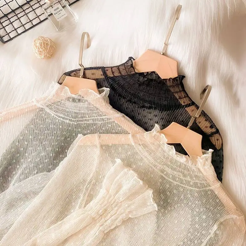 

Women Lace Long Flare Sleeved High Collar Mesh Perspective Blouse Summer Thin See Through Slim Bottoming T-Shirt Pullover Tops