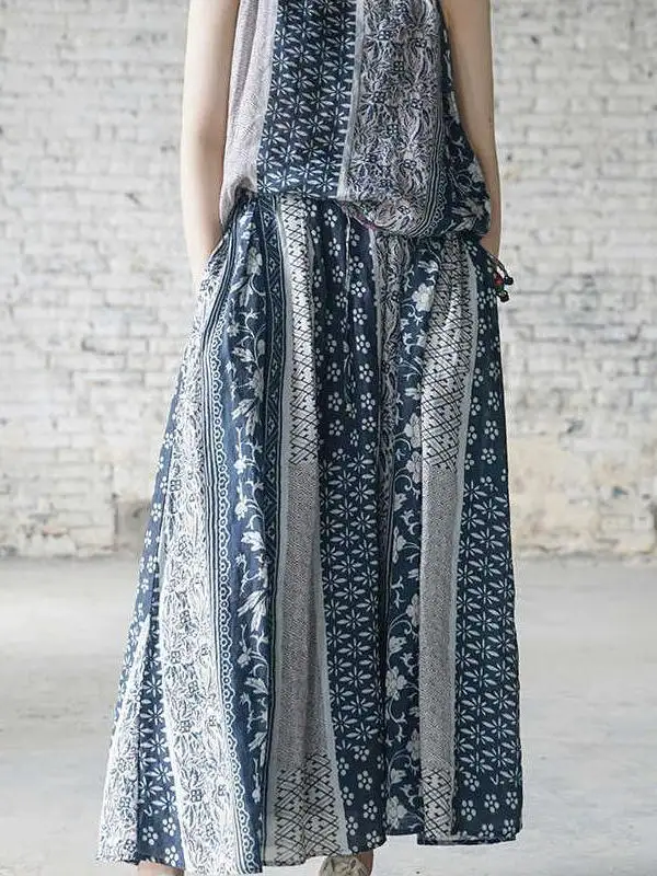 

Retro Cotton Linen Long A-Line Skirt with Print Matching High Waist plus Size Women's Casual Summer Skirts Versatile f-length