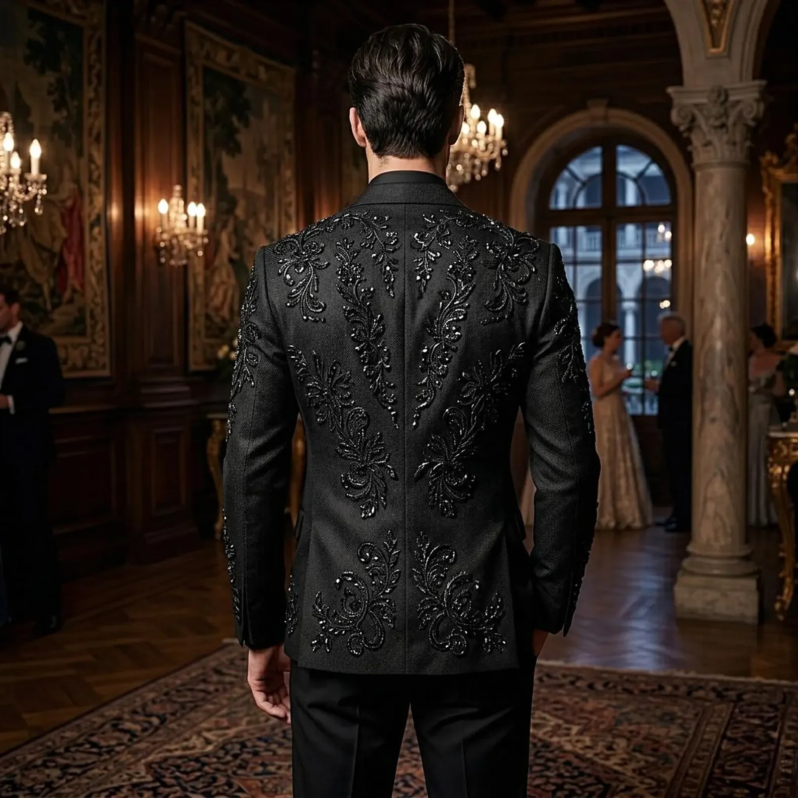Elegante Men's Slim Fit Tuxedo 2 Pieces with Golden Flower Shaped Jewelry Customized One Button Design for Wedding Groom