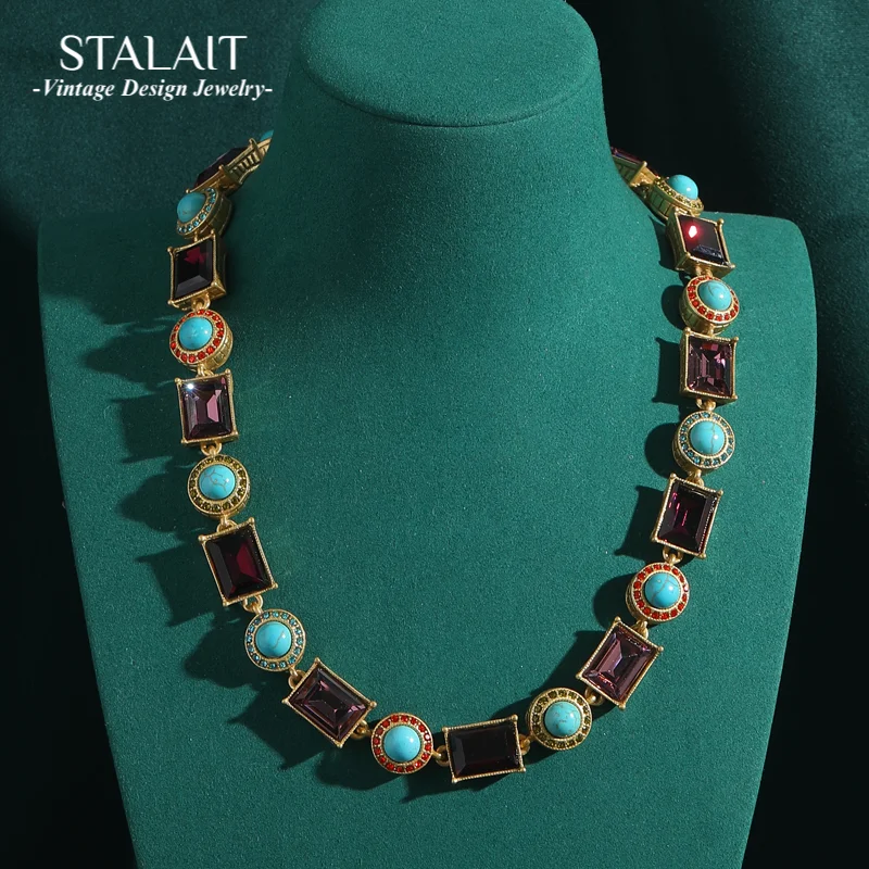 

Vintage Blue Beads Turquoise Necklace Purple Glass Stone Gold Color Accessories Luxury Designer High Quality Jewelry Christmas