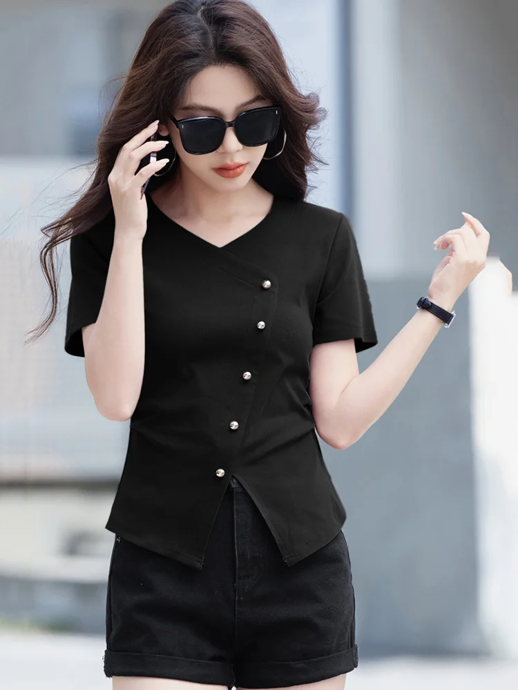 New Women Summer Asymmetric Button T-shirt Fashion V-Neck Short Sleeve Split Folds Design T-shirt Simplicity Casual Slim T-shirt