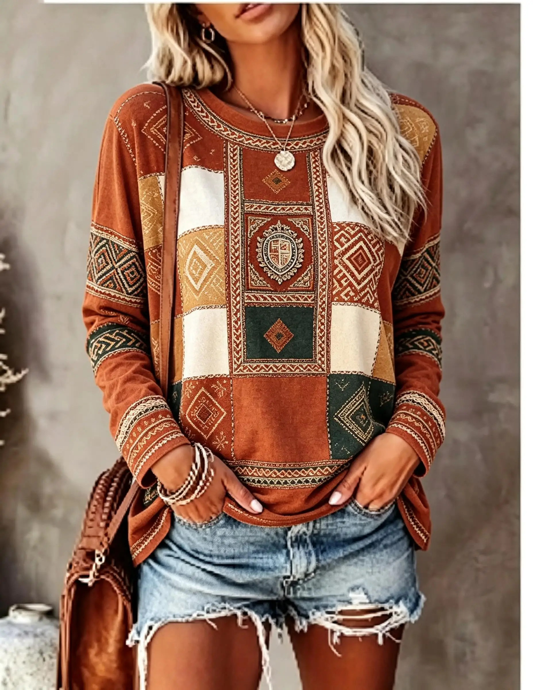 Women Long Sleeve T‑Shirt Vintage Nautical Compass Wave Shell Ocean Bohemian Print Crew Neck Fall Tops