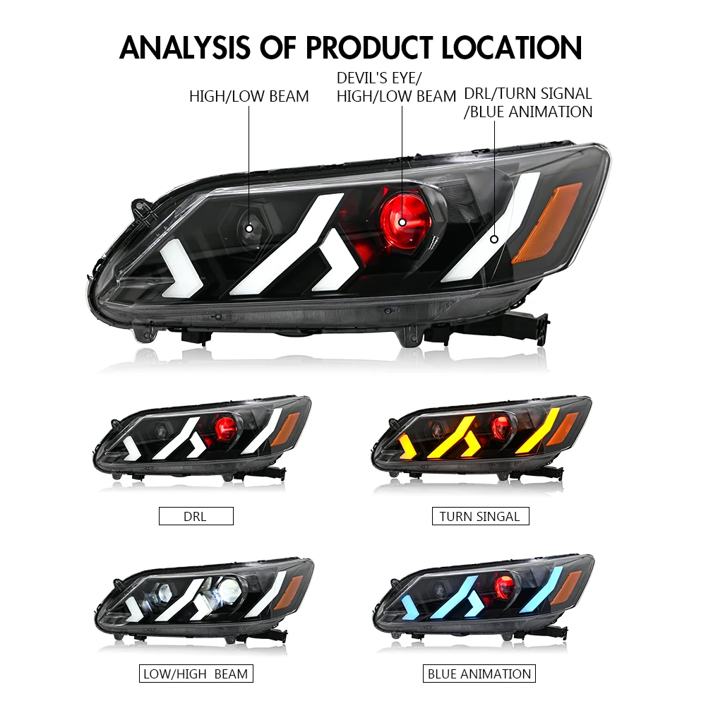 Пара линз проектора DRL, светодиодная лампа в сборе для Honda Accord 2013, 2014, 2015, 4-дверная фара