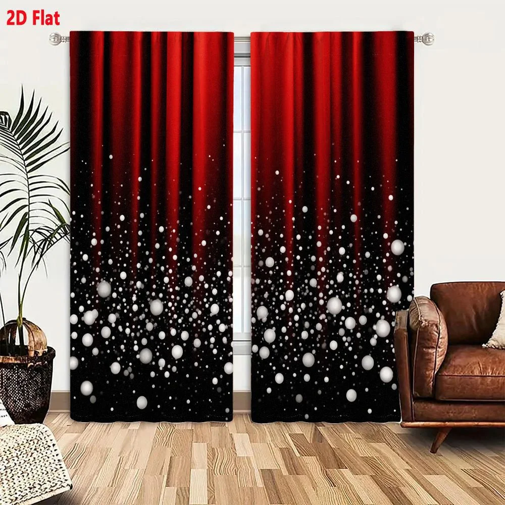 2Pcs Curtains 2D Flat Stage Theatrical Red Curtains With Black Background And White Circular Elements Decorative Snow Confetti E
