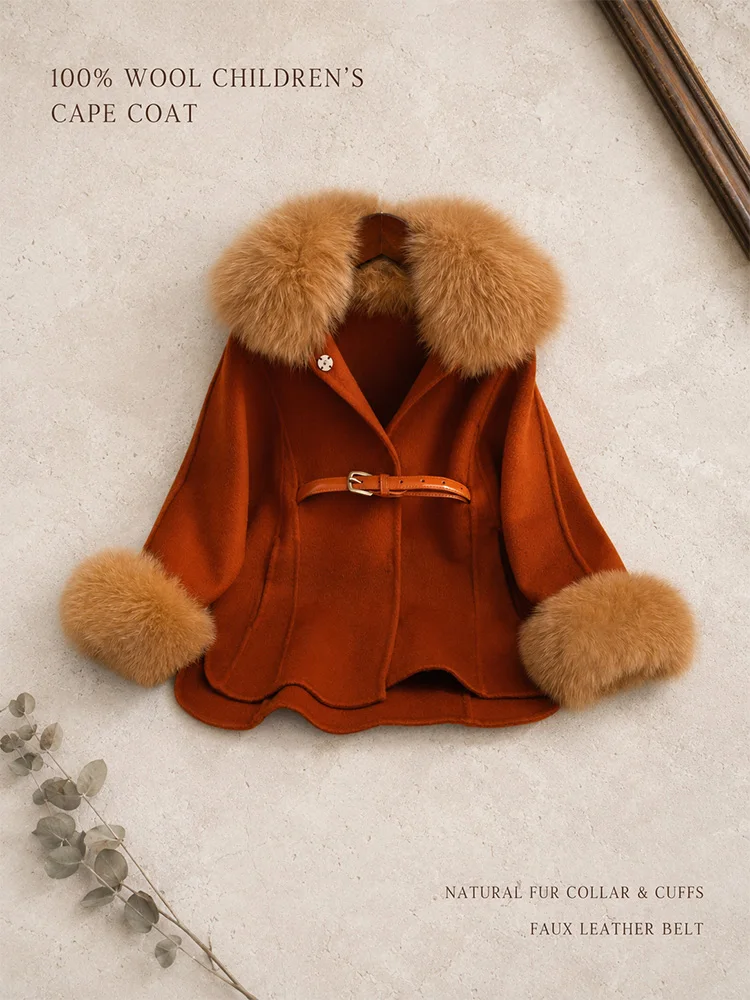 Children 100% Wool Cape Coat Girls Natural Fur Collar Cuffs Belted Cloak Style A Line Cape Jacket Winter Princess Outerwear