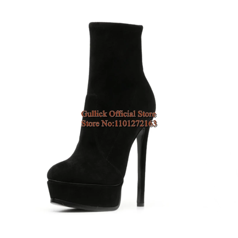 الحديثة الأسود الجلد المدبوغ القماش منصة الكعوب حذاء من الجلد جولة تو الانزلاق على سترتش خنجر الكعوب النساء فستان أحذية حجم 45