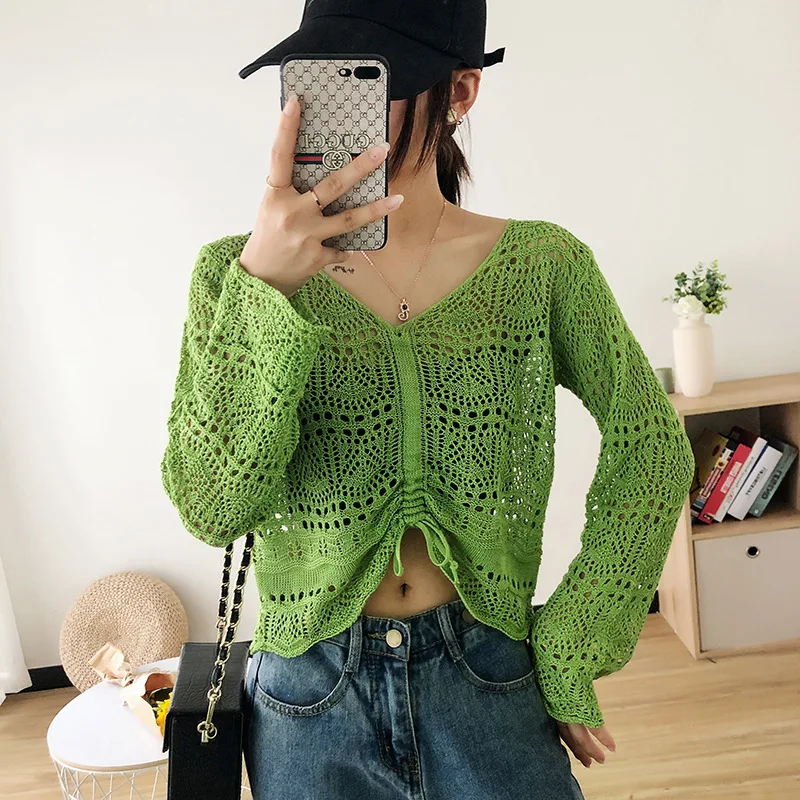 Women Y2k Crochet Knit Hollow Out Crop Top Long Sleeve Shrug Sweater Mesh Cover Ups Cardigan V-neck Streetwear Pullover Women