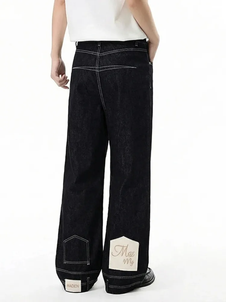 Men's Jeans Minimalist Contrast Stitch Patch Detail Dark Wash Wide Leg Fit Casual Streetwear Denim Long Pants XKNH
