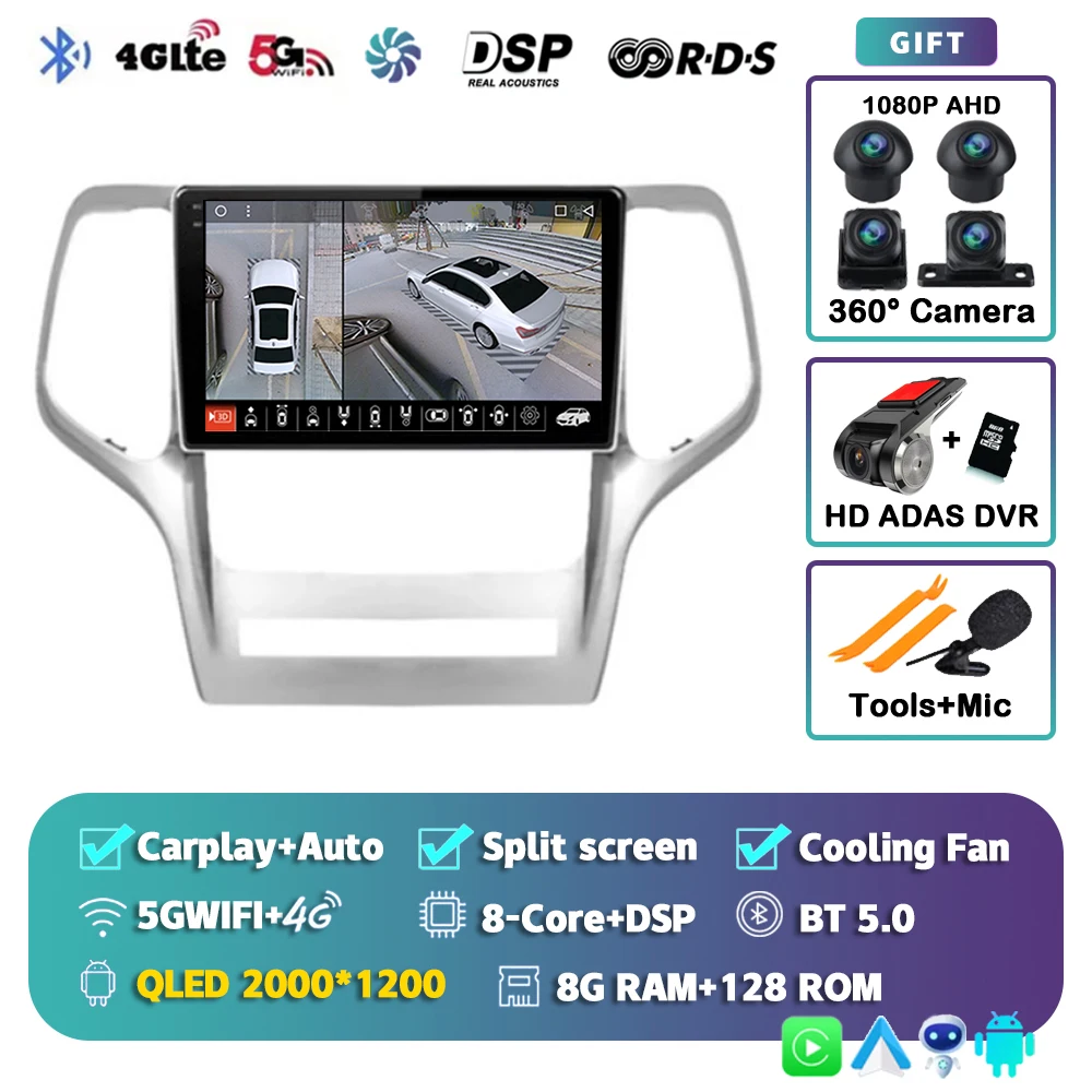 Android 15 voor Jeep Grand Cherokee 2008 2009 2010 2011 2012 2013 QLED scherm autoradio multimediasysteem Carplay Auto navigatie