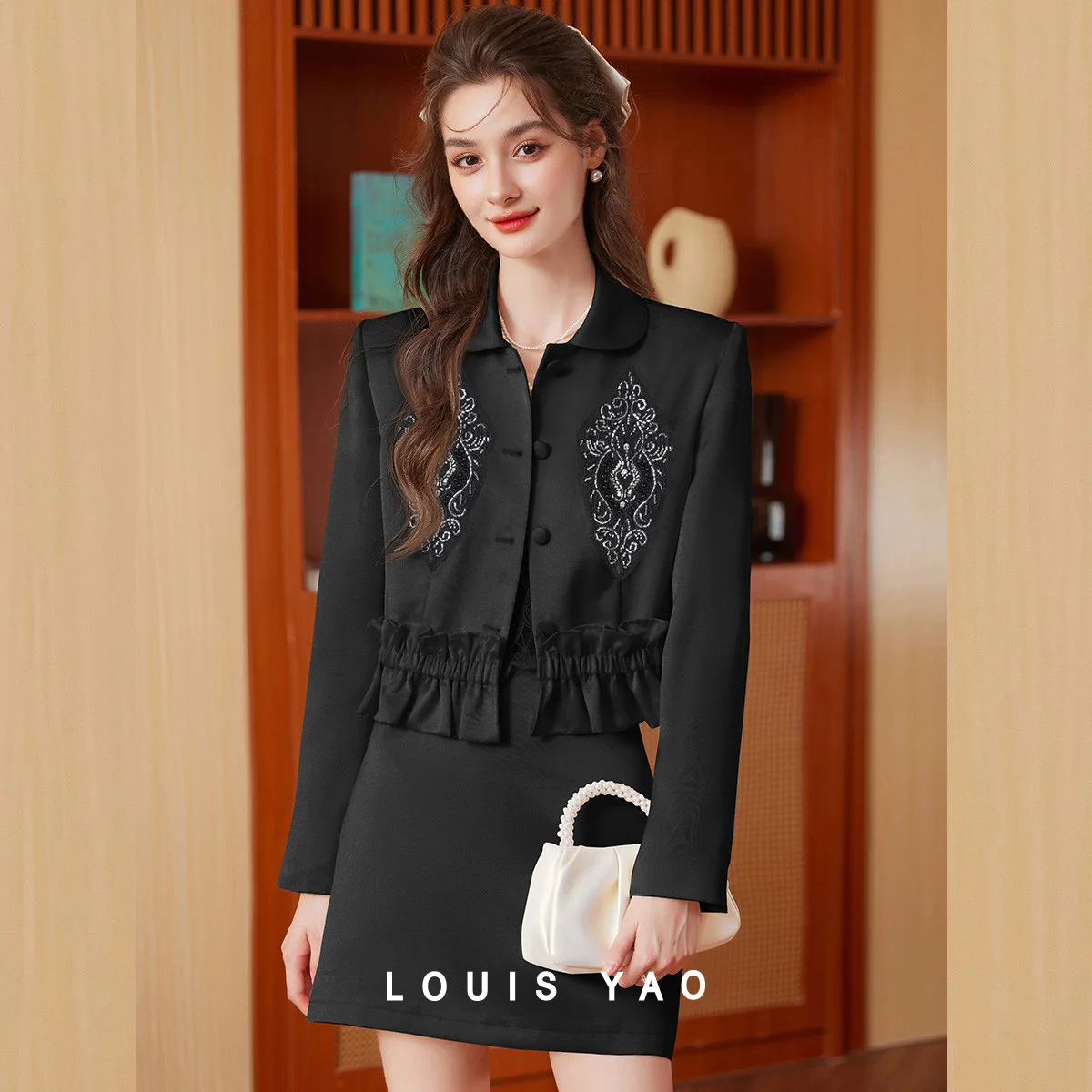 LOUIS YAO Patch Mushroom Edge Two Piece Set 2025 Autumn Elegant Women's Set Collar Temperament Long Sleeve Top Short Skirt