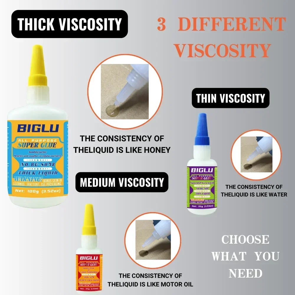 Premium CA Adhesive Thin Medium Thick Liquid Super Glue Strong General Purpose Quick-Bonding for PVC Wood Metal Plastic and More