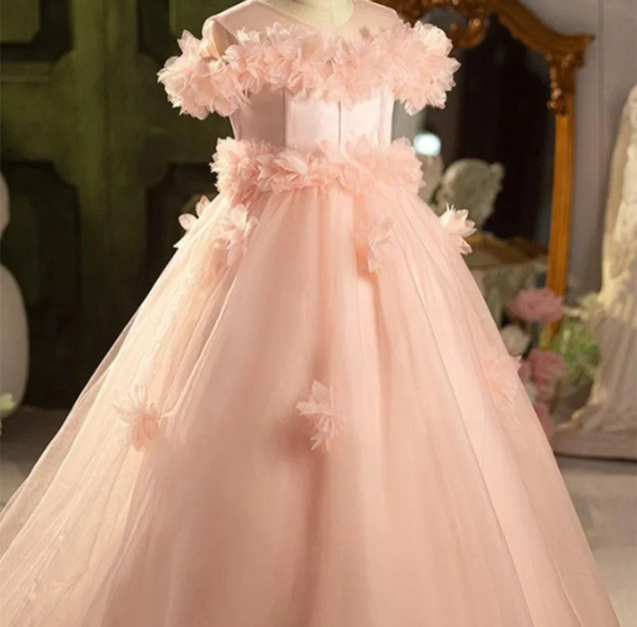 

Customized Pink Flower Girl Dress for Wedding Appliques High Waist Floor Length Elegant Kids Birthday First Communion Gown