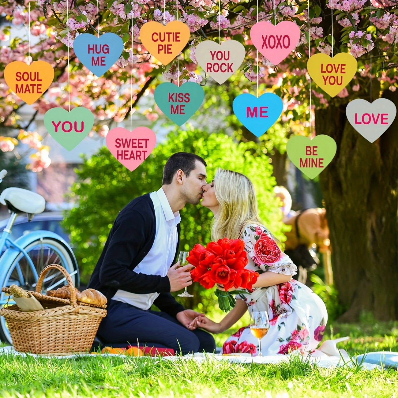 Pack of 12 Valentines Conversation Hearts Decorations Heart Garland, Valentines Day Decorations Conversation Hearts Garland