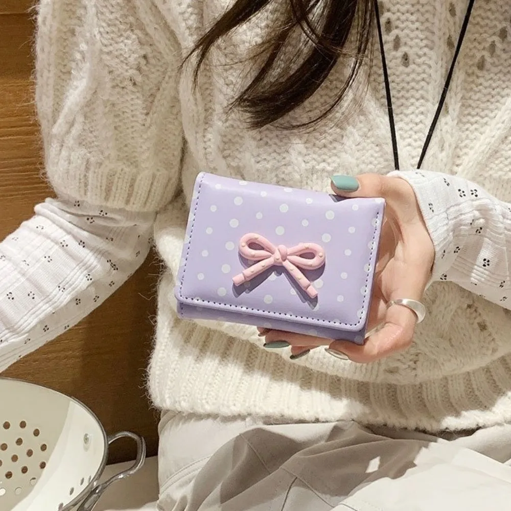Polka Dot Bowknot Short Wallet Large Capacity Dopamine Color Student Simplicity Wallet Coin Purse PU Leather Card Holder Daily