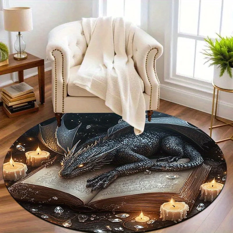 2D Flat 1pc Dragon on Ancient Book Round Floor Mat, Lightweight Machine Washable, Home Decoration, Mystical Creature, Creates a Fantasy Ambiance, Suitable for Living Room, Study, Bedroom, 2D Flat