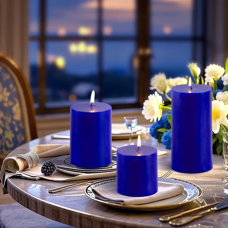 Velas de pilar azules clásicas, juego de 3 velas de pilar sin perfume de 3x6 para bodas, decoración del hogar, fiestas, spas, burni de 56 horas de largo