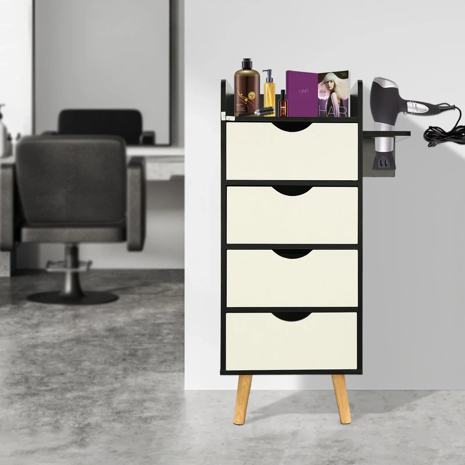 Hairdressing Tool Styling Station 4 Drawers Salon Storage Cabinet with Hair Dryer Holder Barber