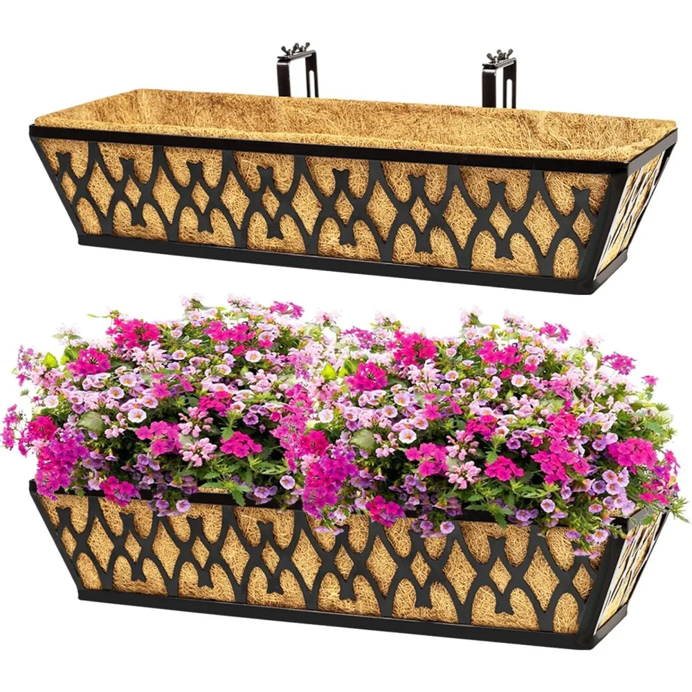 2-Pack 24-Inch Adjustable Hanging Planter Boxes with Coco Liners for Outdoor Garden Decor