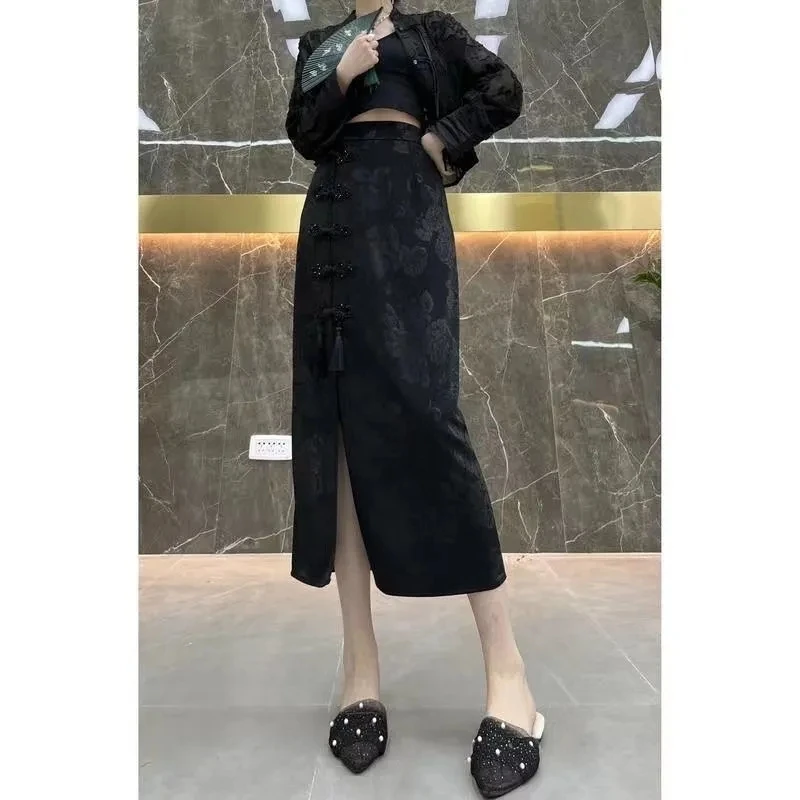 Chinese Style Vintage Mid-Length Skirt Female Spring Summer Fashion Elegant Skirts High Waist Slit Women Clothing Green Black