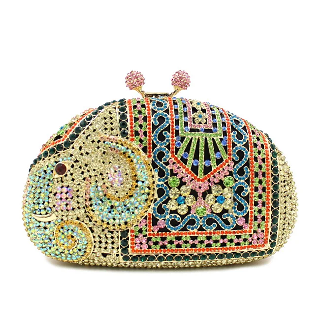 

China Factory Wholesales Luxury Crystal Rhinestone Clutch Evening Bag Wedding Party Diamond Thailand Elephant Minaudiere Purse