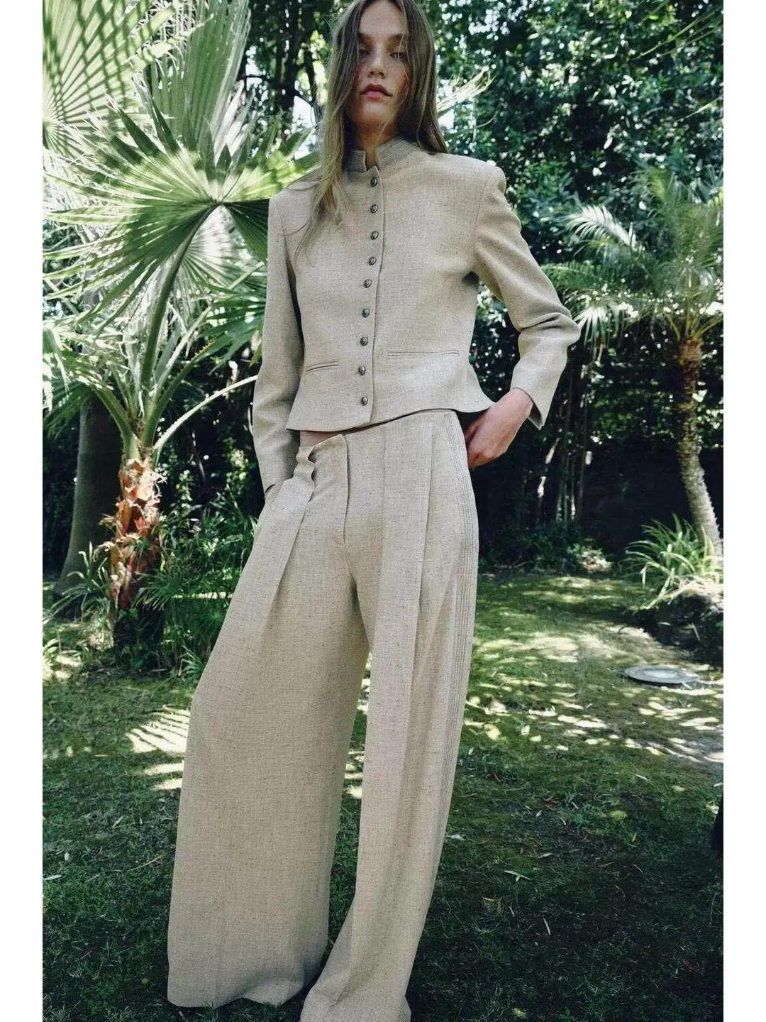 Summer Commute Casual Pleated Suit Jacket Straight Leg Pants Ensemble Elegant Stitching Detail Polyester Fiber Workwear