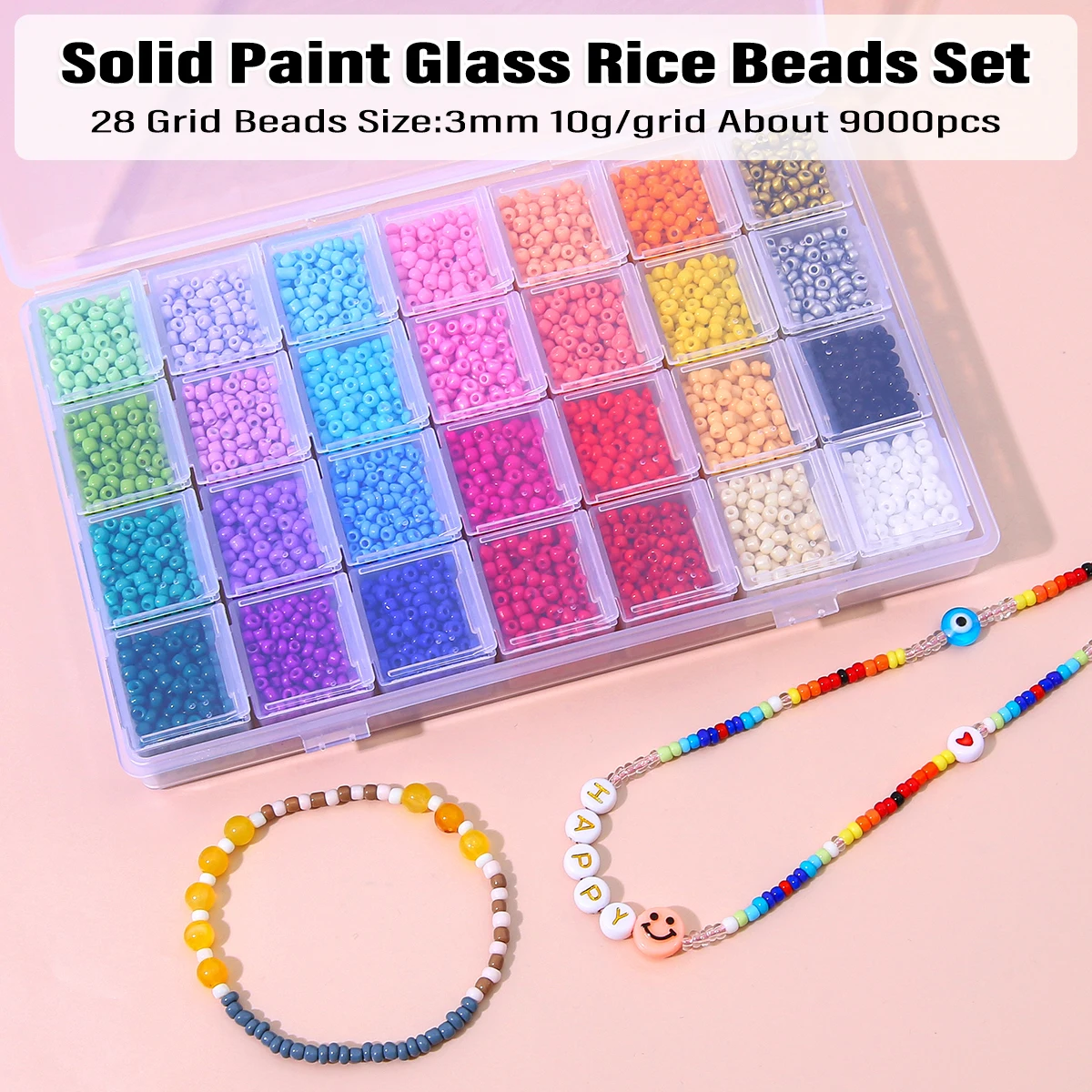 

28 Grid 3mm Solid Painted Glass Rice Beads｜Bulk DIY Jewelry Supplies for Necklaces, Bracelets, Earrings (9000pcs/Set)