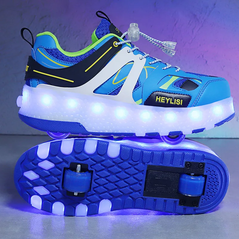 Kids Wheels Shoes With Led Flash Lights Deform Deformation Parkour Runaway Detachable Outdoor Indoor Sport Sneakers Roller Shoes