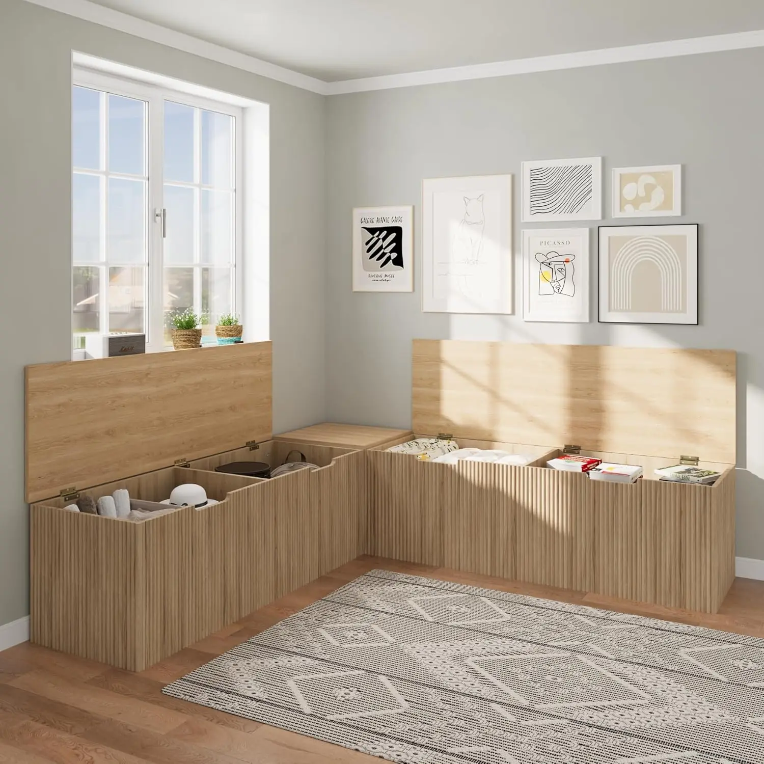 مقعد تخزين على شكل حرف L مع وسادة، مقعد طعام زاوية بدون ظهر، مقعد زاوية لتناول الطعام في المطبخ مع مساحة تخزين مخفية (خشب طبيعي) #3