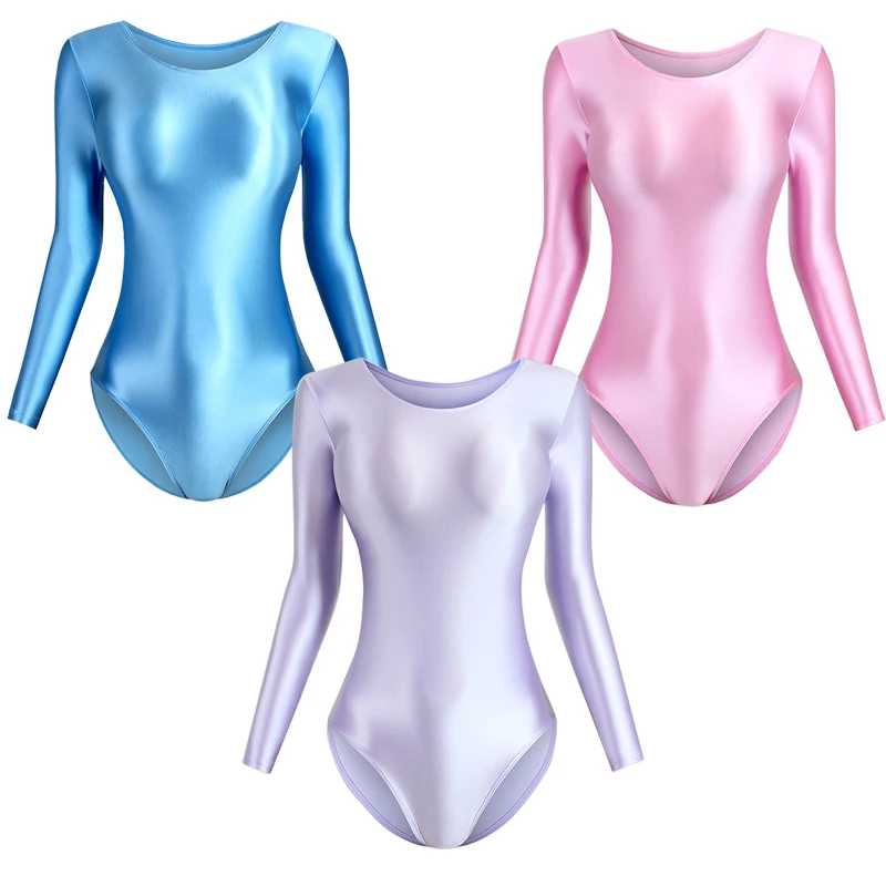 sexy women silky glossy one-piece swimsuit oily tights shapewear Shiny long sleeves bodysuit plus size Men's swimwear