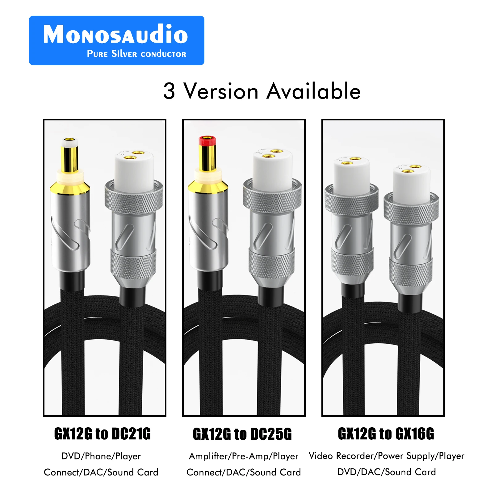 Monosaudio 100% Pure Solid Silver DC Cable Aviation Plug GX16-2 Pin to DC Plug 5.5mm*2.1mm/2.5mm Linear Power Output DC Cable