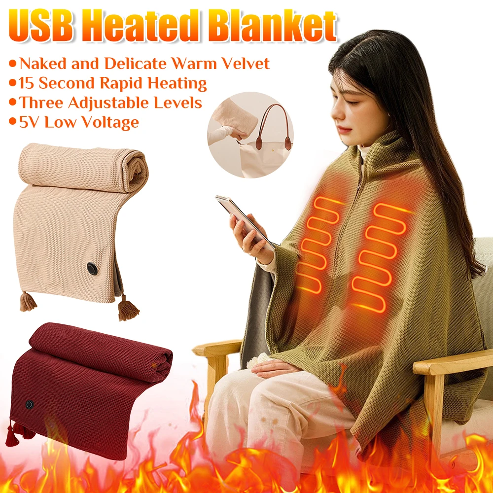 

Wearable USB Electric Heated Blanket 3 Heated Level Throw Blanket with 5000mAh Power Bank Heating Blanket Shawl For Home Office