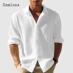 Men Long Sleeves Waffle Shirt Clothing 2024 European Fashion Basic Top Solid White Apricot Blouse Mens Casual Open Stitch Shirts