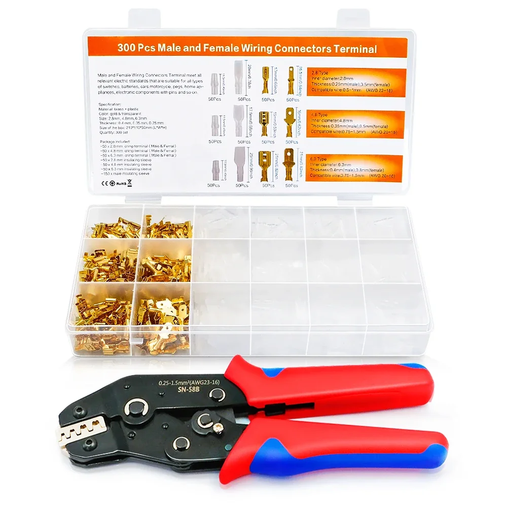 

300PCS Terminals With SN58B Crimping Tool Wire Ferrule Serrated Ratchet Crimping Pliers Wire Cord End Terminal Crimper 23-16AWG