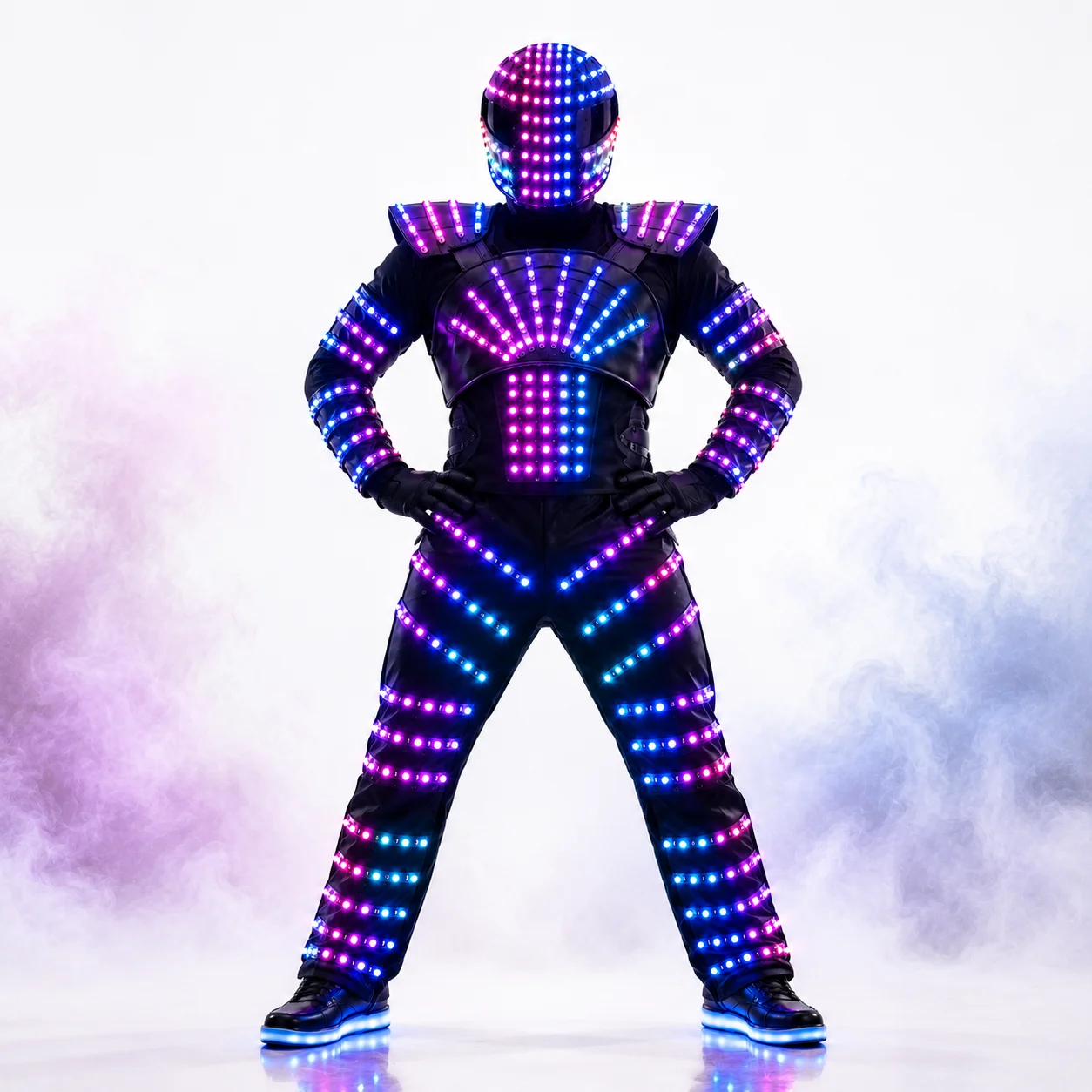 Rechargeable RGB LED Robot Costume with Helmet Remote Control Light Up Armor Suit for DJ Nightclub Stage Dance Performance