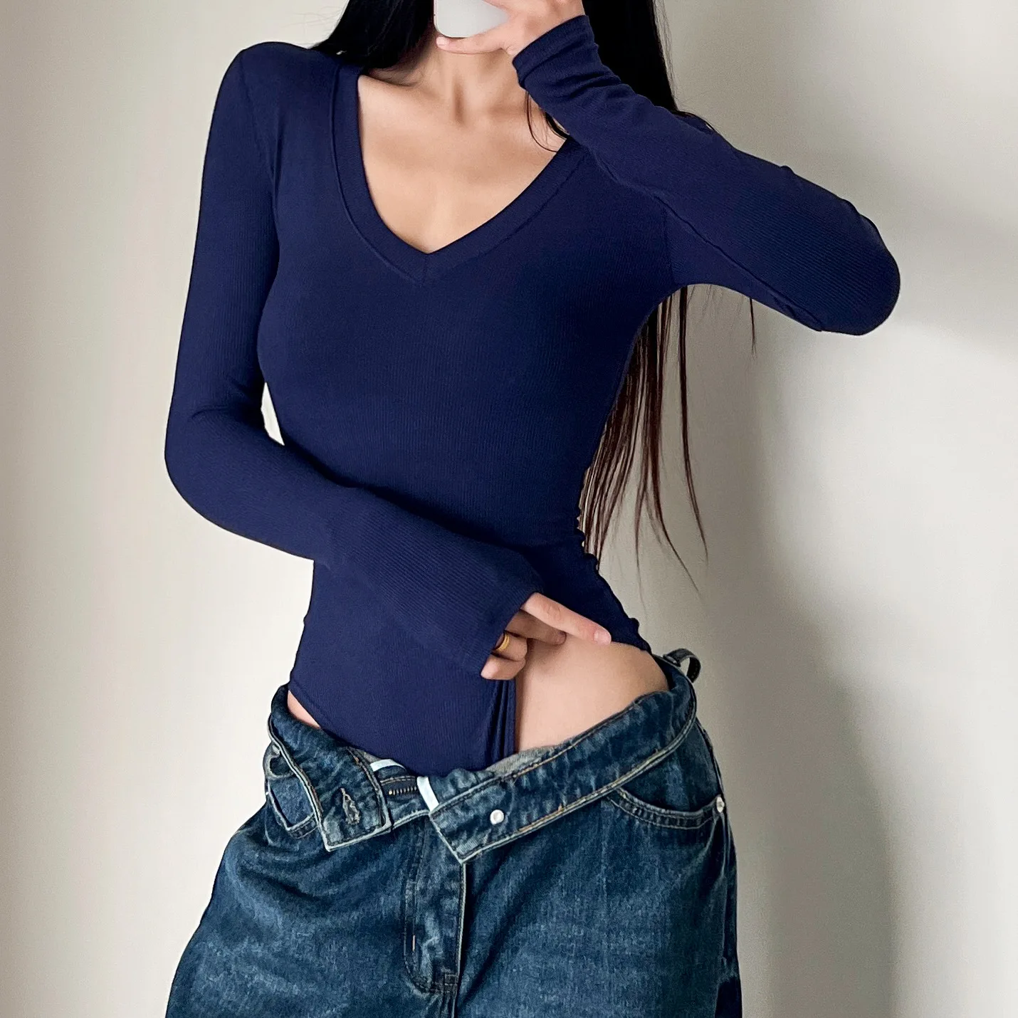 

4 color New Spring Autumn V neck Rib Long sleeve Bodysuit Sexy Woman Short Jumpsuit Slim fit Rompers Bodycon Playsuits Navy Gray