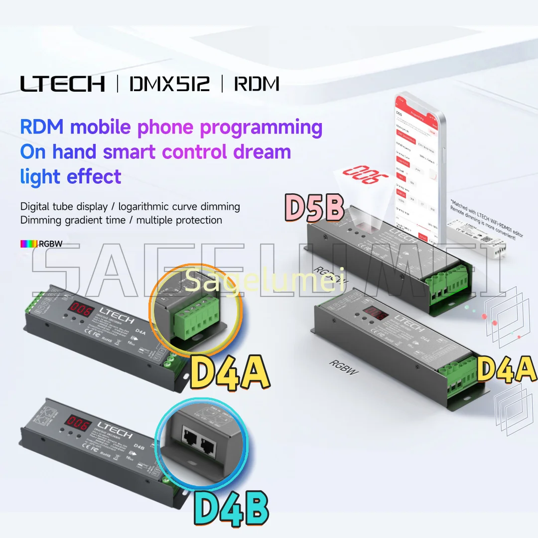 LTECH CV DMX/RDM декодер 4-канальный постоянное напряжение DC12-24V 6A/CH 24A (4CH) ЖК-дисплей DMX512 ведомый зеленый терминал/порт RJ45